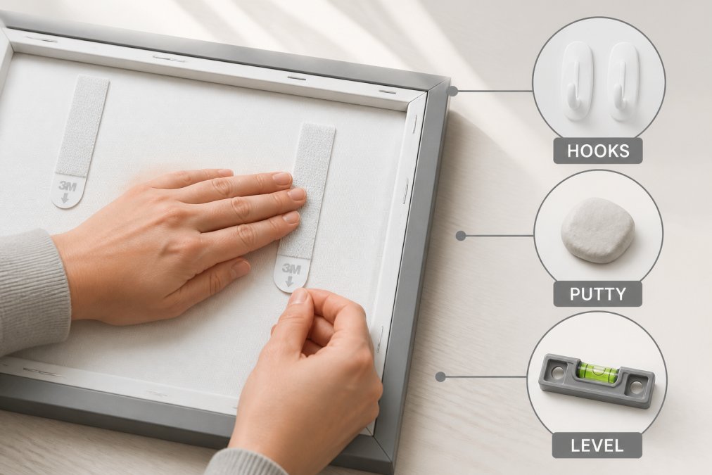 Close-up of hands pressing an adhesive strip firmly onto the back of a framed canvas print, with command hooks, wall putty, and a small spirit level arranged on a light wooden table nearby, in warm natural window light