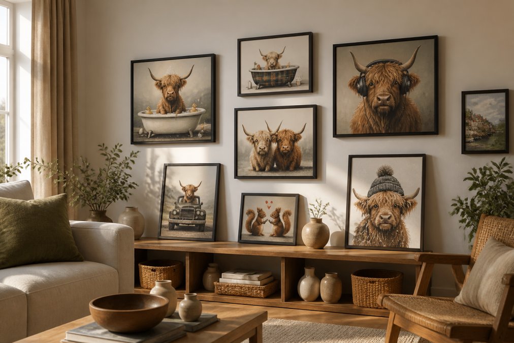 A bright, modern living room wall displaying a curated gallery arrangement of framed canvas prints at different heights, with some pieces leaned on a low wooden shelf and others hung above, styled with small decorative objects, in warm afternoon light