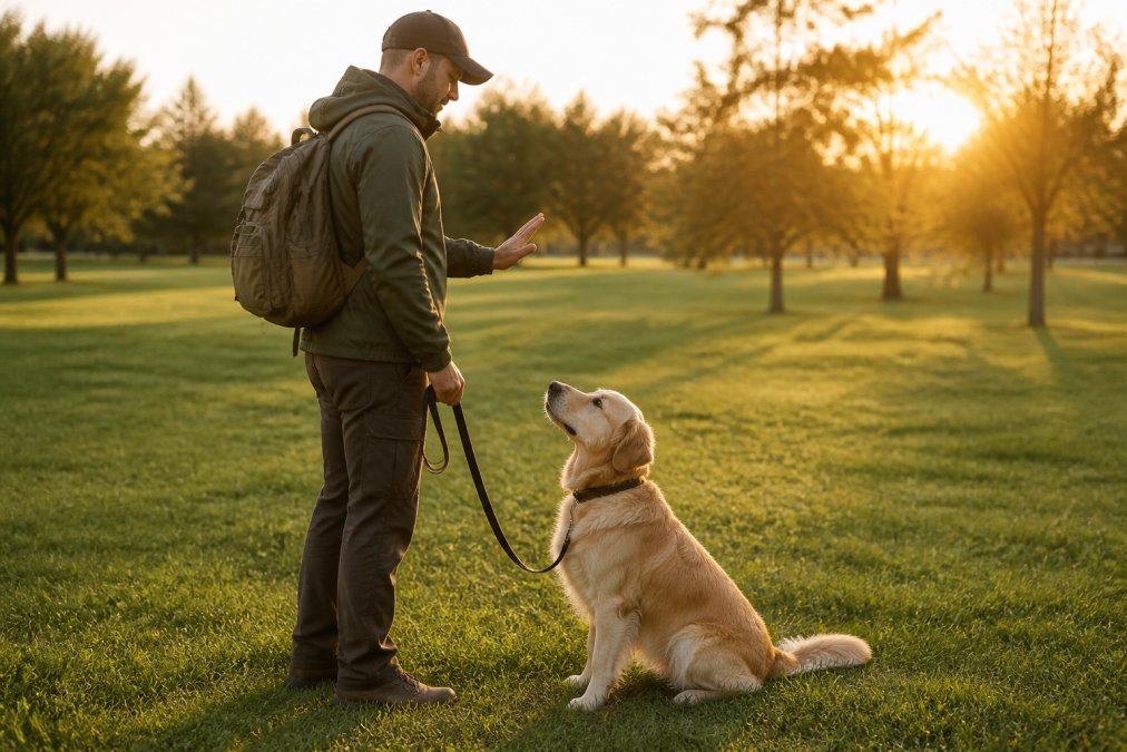 Owner training a dog on a leash in an open park setting, with the dog in a calm, focused state responding to hand signals, during golden hour lighting