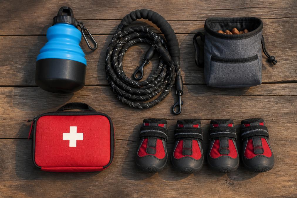 Flat-lay arrangement of dog hiking essentials on a wooden surface in natural daylight: collapsible water bottle, leash, treat pouch, first aid kit, and booties arranged neatly