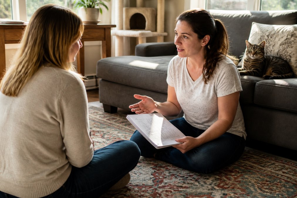 Professional cat sitter sitting on a living room floor speaking with a cat owner while reviewing care instructions, with a tabby cat nearby on a couch, natural afternoon light streaming through windows