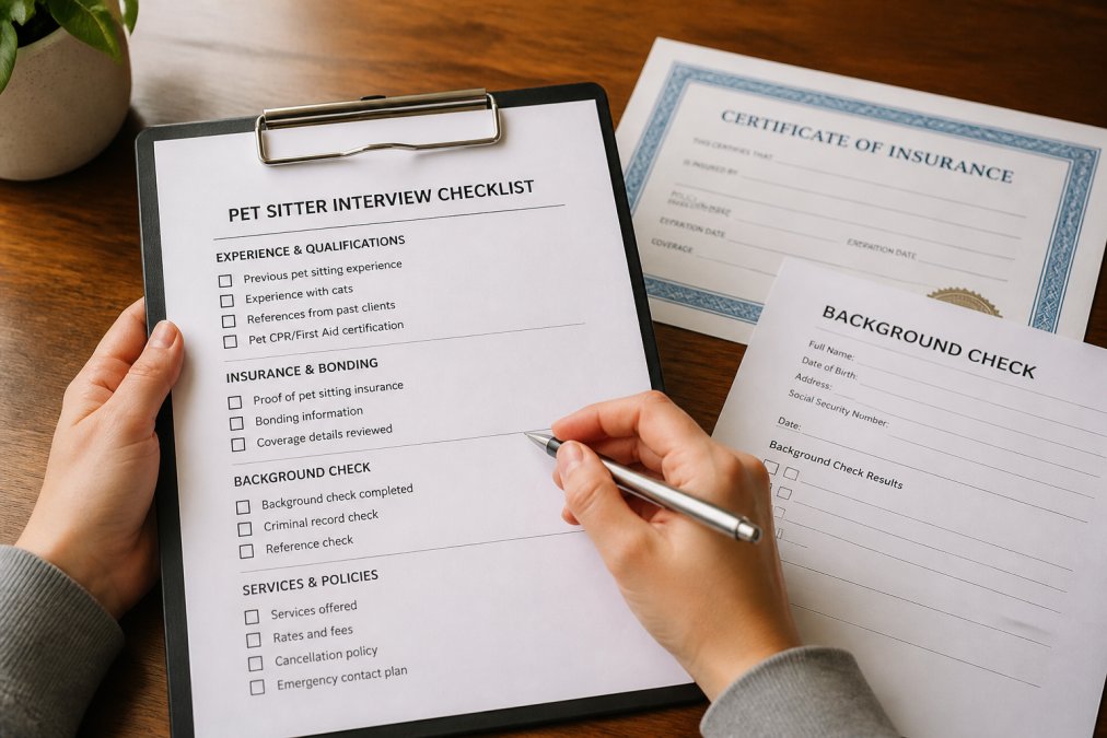 Close-up of hands holding a professional pet sitter interview checklist on a clipboard, with insurance certificates and background check documents visible on a wooden table
