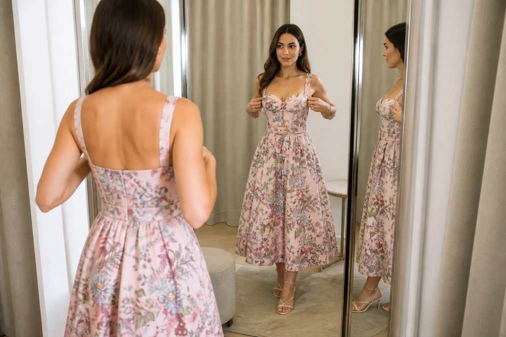 Woman trying on a strapless midi dress in a boutique fitting room, adjusting the fabric around the bodice and checking the silhouette in a three-way mirror with warm natural lighting