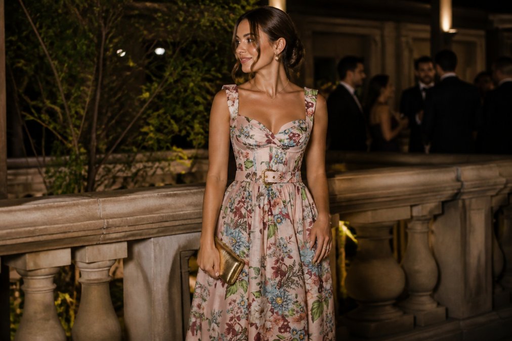 Wedding guest wearing a designer rental maxi gown, posing confidently at a formal evening event with elegant styling, subtle jewellery, and an upswept hairstyle in soft ambient lighting