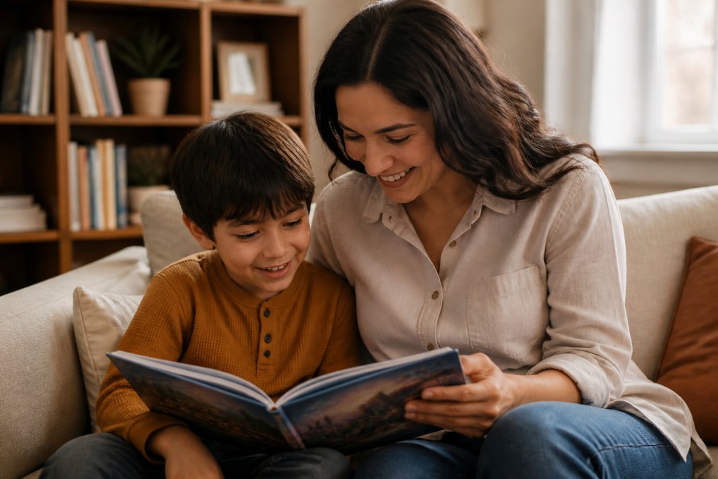 Parent and child sitting together reading a picture book, both smiling, in a cozy home setting with warm lighting and comfortable seating