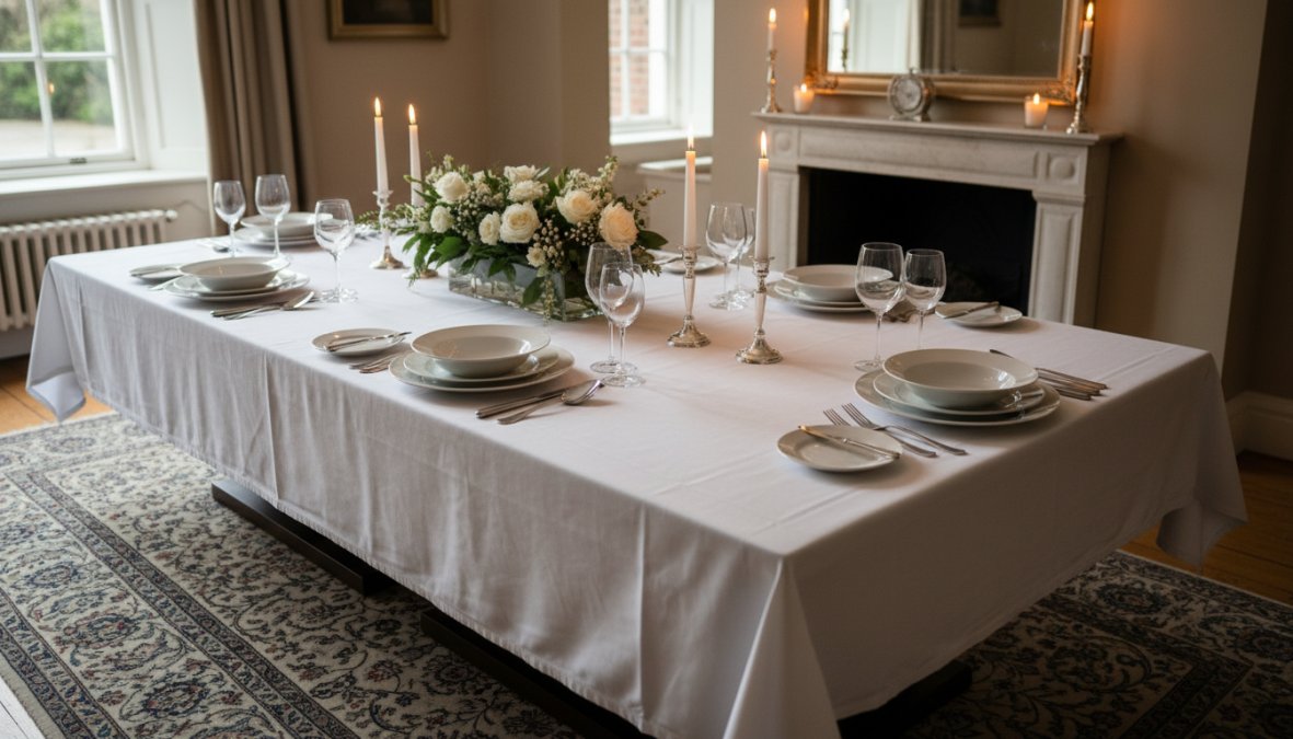 A beautifully set formal dinner table with crisp white linen, polished silver cutlery, crystal water goblets and wine glasses, tall white taper candles, and a low arrangement of white garden roses as a centrepiece, photographed in warm evening light