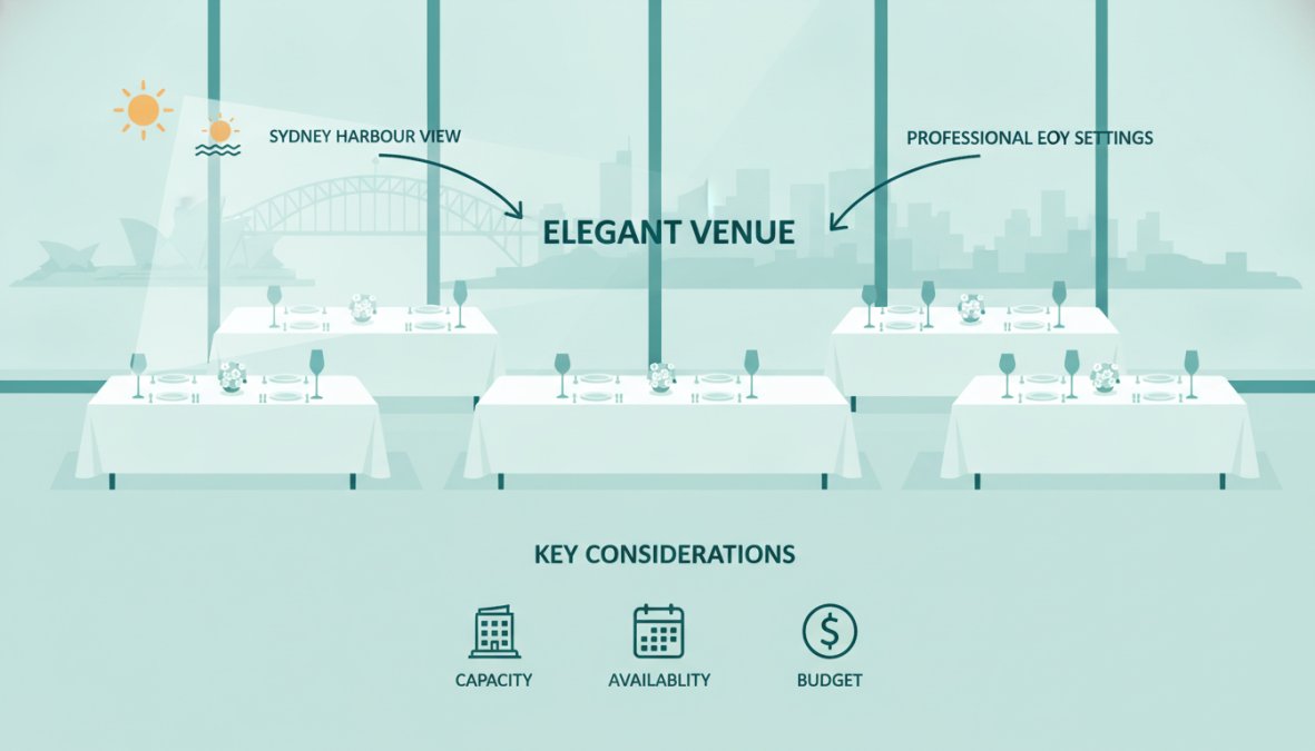 Elegant corporate event venue in Sydney with floor-to-ceiling windows overlooking Sydney Harbour, professional table settings with white linens, and city skyline visible in background during golden hour lighting