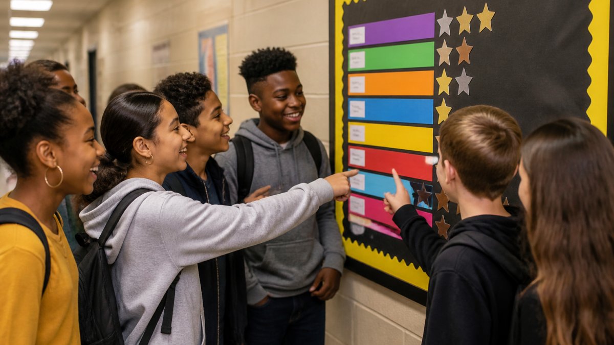 Diverse middle school students looking at a colorful fundraiser leaderboard on a school hallway bulletin board