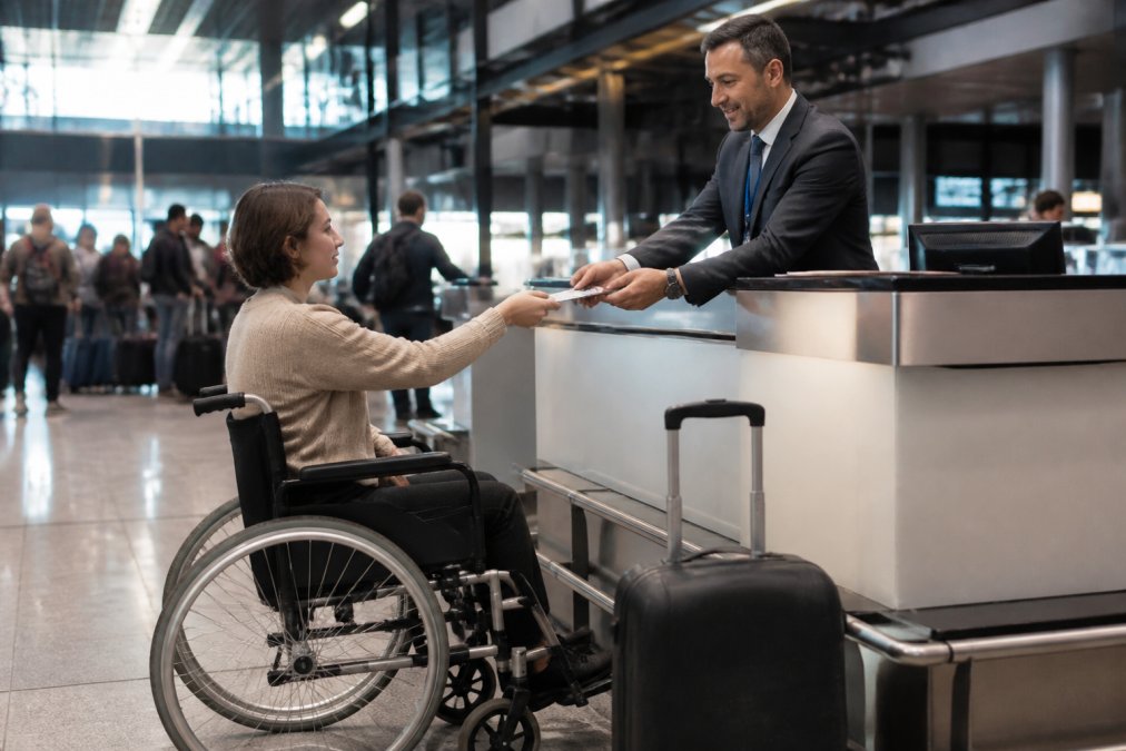 A traveler in a wheelchair being assisted by an airport agent at a check-in counter, with luggage nearby and a busy terminal in the background