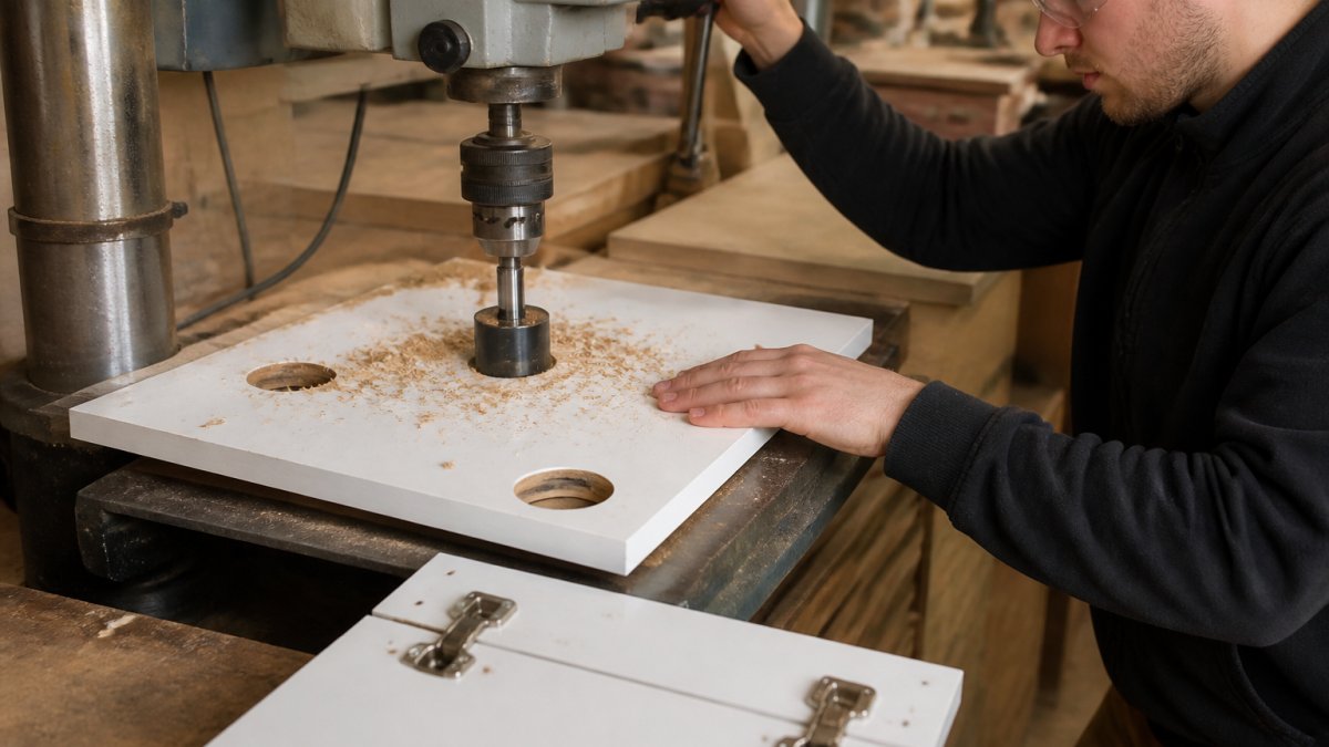 A joiner in a workshop using a hinge hole cutter in a drill press to bore a 35mm cup hole into a kitchen cabinet door, with wood shavings visible and a second door with Blum hinges nearby
