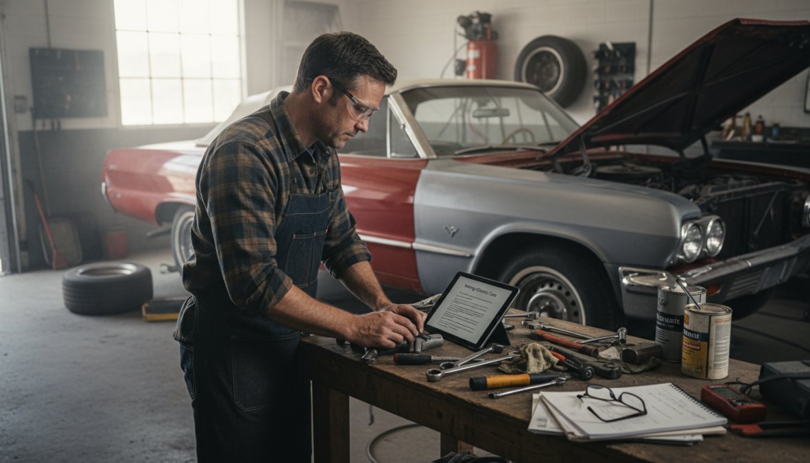 A classic American muscle car mid-restoration in a garage workshop, hood open with engine components exposed, a mechanic in work clothes leaning over the engine bay with tools spread across a red metal workbench in the background, overhead fluorescent lighting
