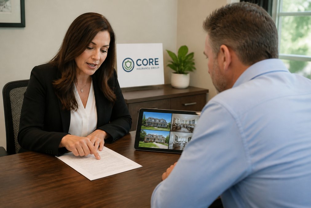 An insurance agent reviewing a property insurance policy document with a client across a desk, with a tablet showing property photos