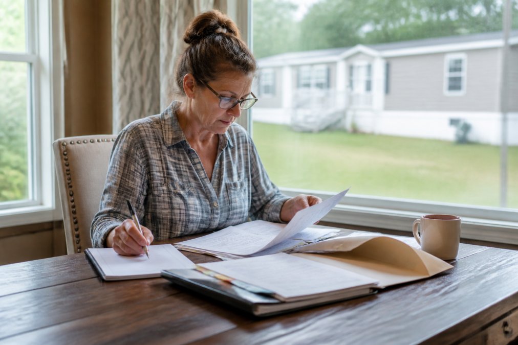 Professional illustration showing person and sitting and desk concepts for insuring mobile homes
