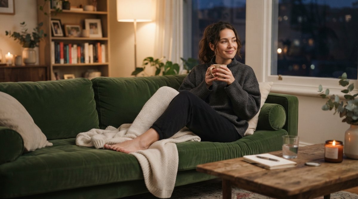 Woman relaxing on a couch after an event, wearing comfortable clothing, holding tea or water, with a peaceful expression