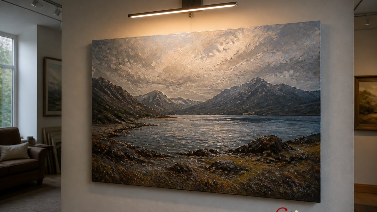 A large textured oil painting on a gallery wall illuminated by a precisely angled picture light without glare.