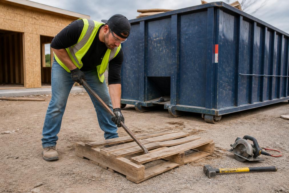 Worker using a pry bar to dismantle a wooden pallet before loading construction dumpsters on a job site