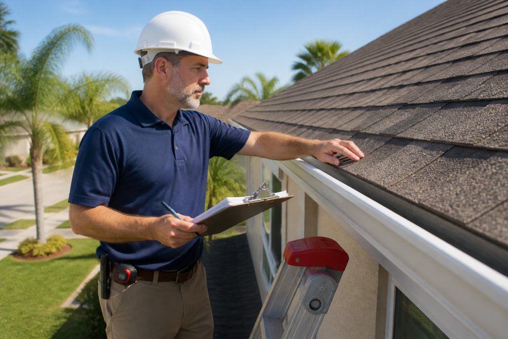 Professional home inspector examining residential roof exterior, checking roof attachment hardware and shingles for wind resistance, with clipboard and measuring tools visible on a sunny afternoon