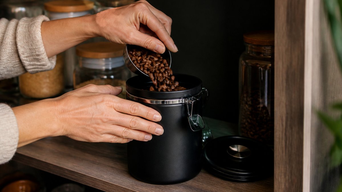 Hands placing whole coffee beans into an opaque airtight container stored on a dark kitchen shelf