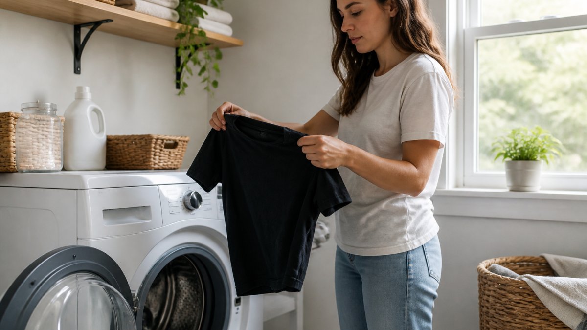 A young adult turning a printed graphic tee inside out before placing it into a washing machine in a bright laundry room, natural daylight through a window