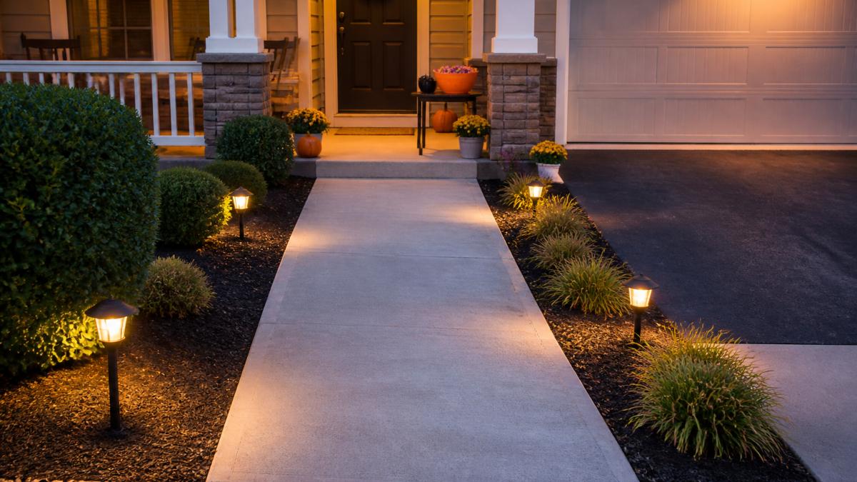 Well-lit front porch and driveway with a clear, wide pathway free of obstacles, showing a smooth accessible route leading to a front door with a treat station visible at reachable height