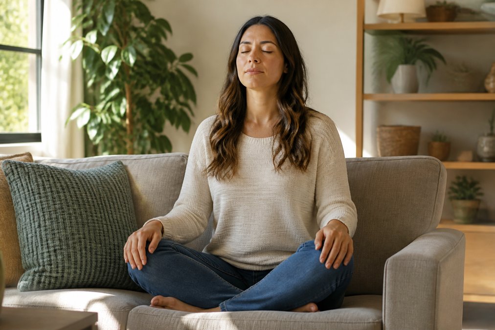 Person sitting on a couch practicing deep breathing and managing chronic anxiety in a calm, sunlit room.