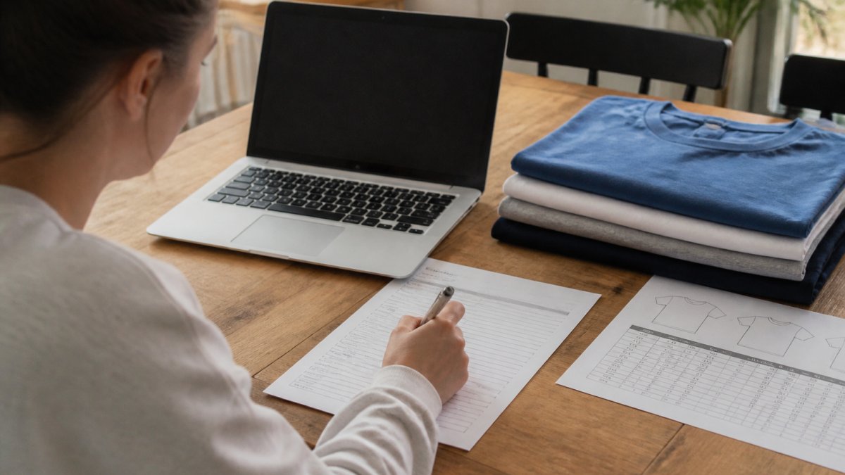 A person at a kitchen table with a laptop open to an online order form, a printed size chart beside it, and a few folded custom t-shirts stacked nearby