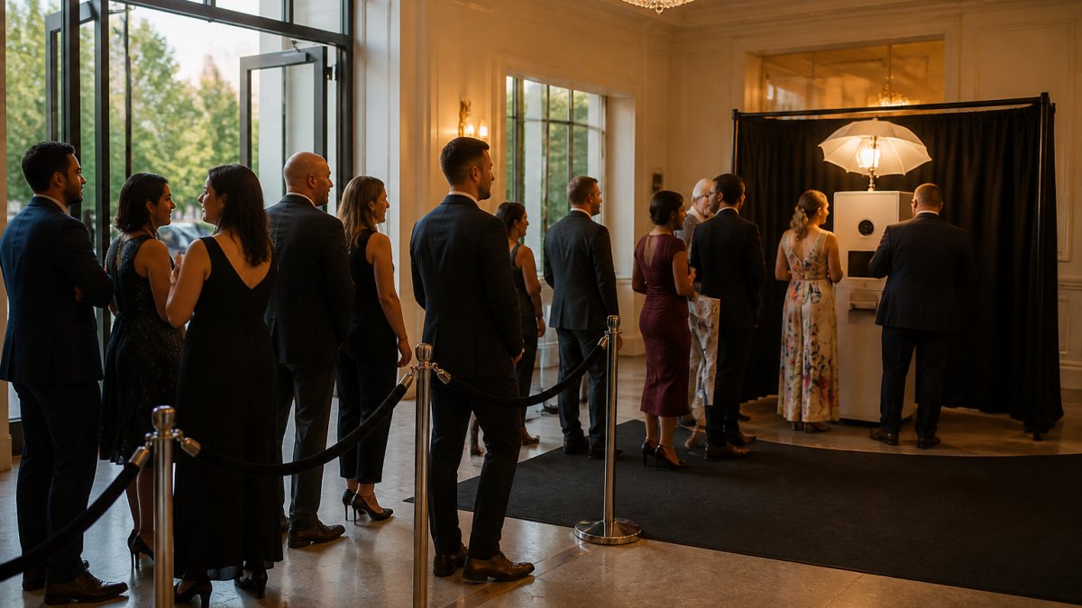 Event venue floor plan with photo booth positioned near entrance, clear queue barriers, and guest circulation paths without congestion