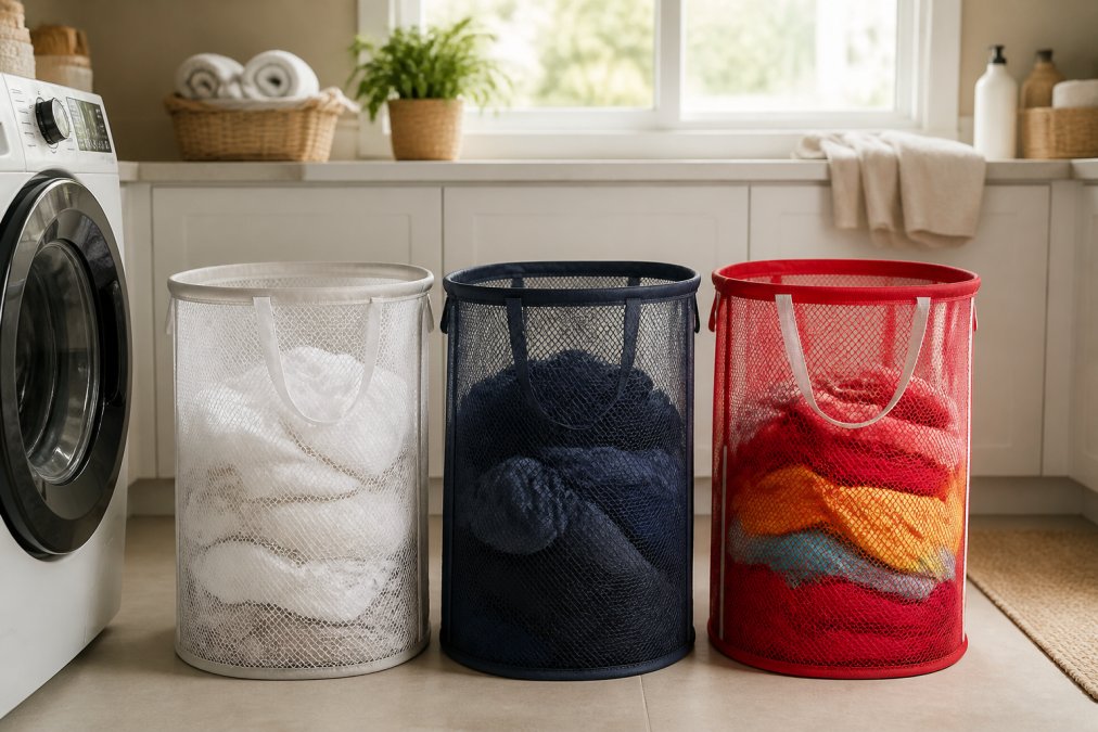Family laundry room with three color-coded mesh hampers labeled "Whites," "Darks," and "Colors," each filled with neatly organized clothing piles, bright natural light from a window illuminating the organized space