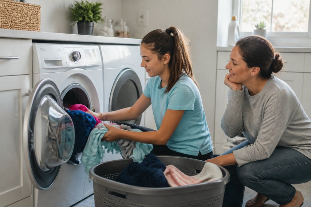 Teenager loading colorful clothing into a front-load washing machine while a parent watches from nearby in a bright, modern laundry room with labeled detergent bottles on a shelf