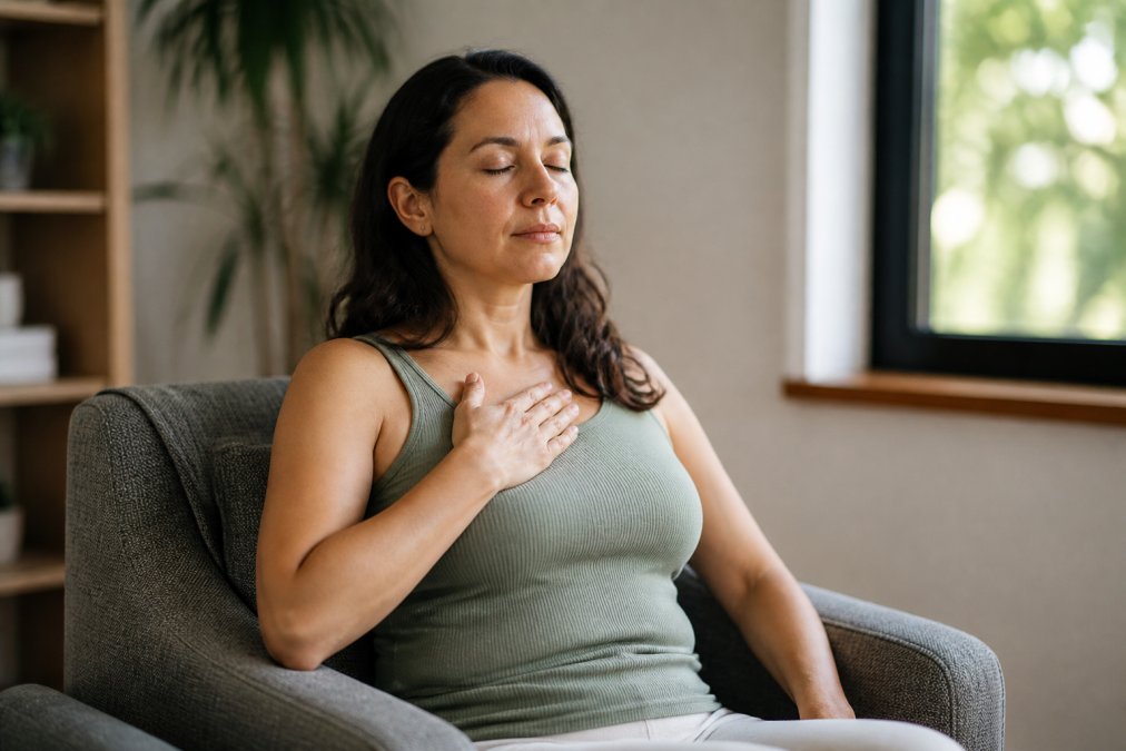 Calm person practicing deep breathing to manage needle phobia while sitting in a sunlit chair at home.