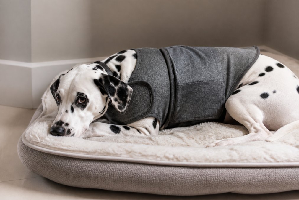 Close-up of an anxious dog showing body language with ears pinned back, lowered head, tense posture, and trembling slightly while lying on a soft calming pet bed in a quiet corner