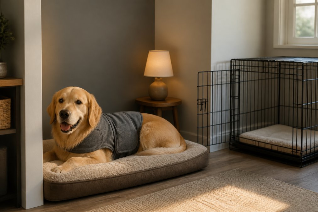 A cozy home corner featuring a calming pet bed in a quiet alcove, a crate with open door, soft warm lighting from a table lamp, and a relaxed golden retriever resting peacefully on the bed