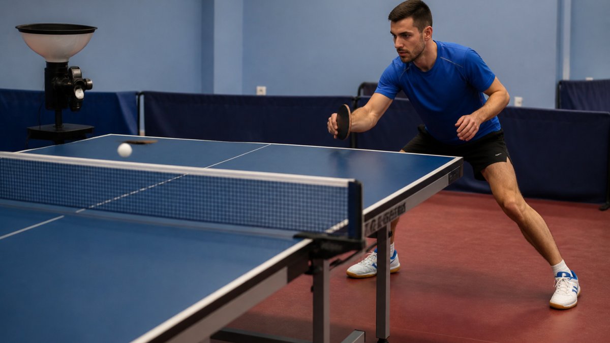 Table tennis player in athletic stance moving laterally across table during robot drill practice, showing proper footwork positioning and recovery stance with focused intensity