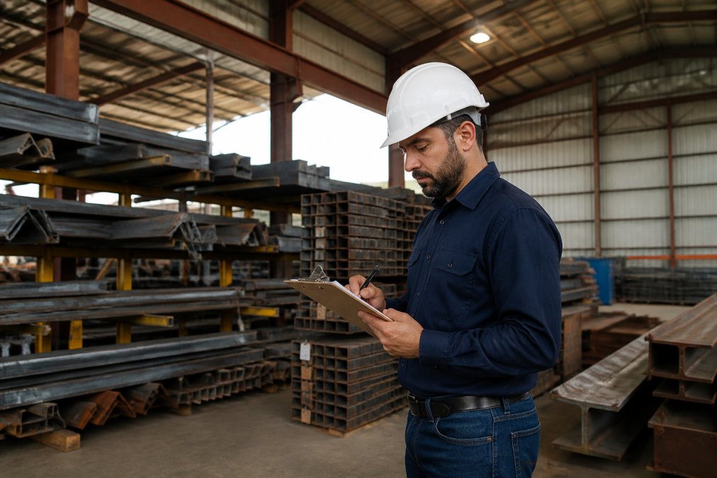 Warehouse worker inspecting steel inventory with clipboard, organized steel beams and materials in background with natural lighting