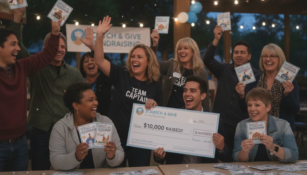 Diverse volunteer team celebrating together at a fundraising event, smiling and high-fiving, showing genuine camaraderie and team spirit with natural outdoor lighting