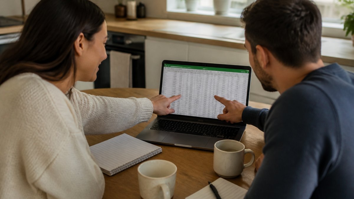 Close-up of a couple sitting at a kitchen table with a laptop open to a spreadsheet, notebooks and coffee cups nearby, pointing at the screen together