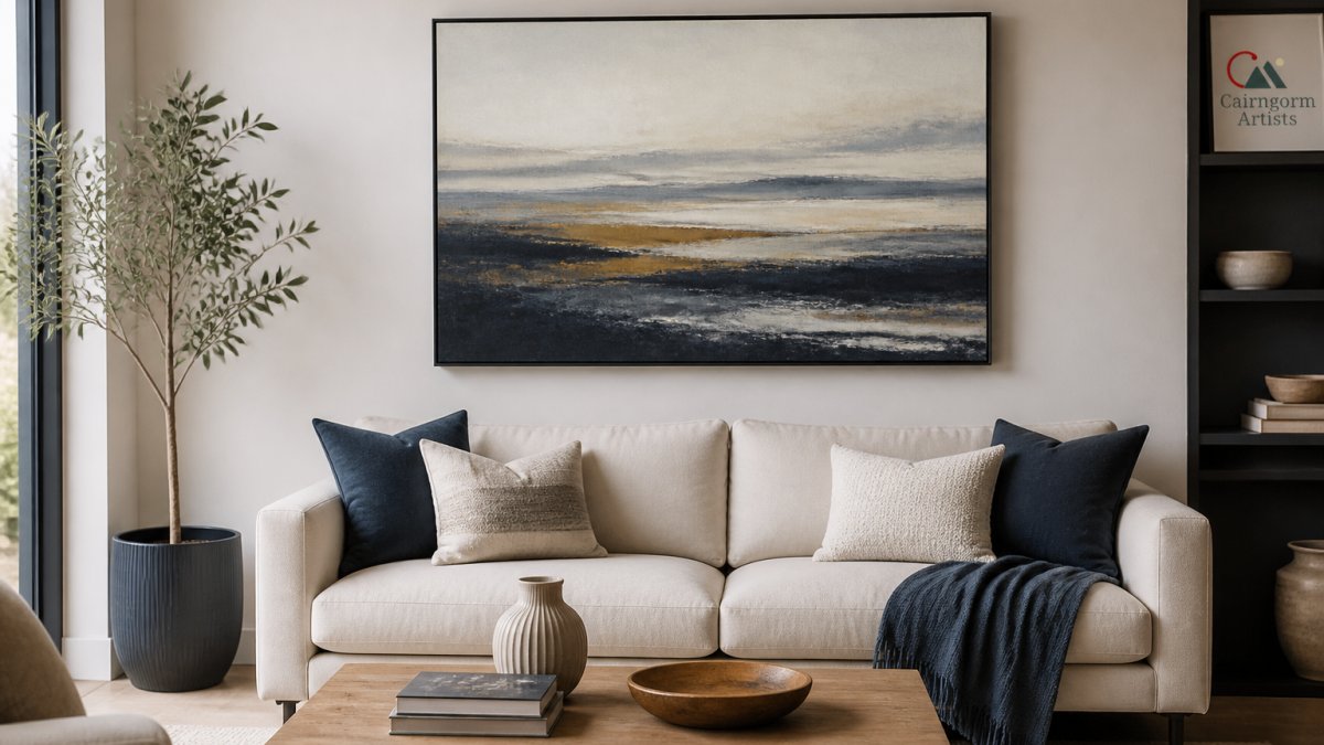 Modern living room with a large abstract canvas print hung above a cream-colored sofa at eye level, showing proper spacing between artwork and furniture with balanced proportions