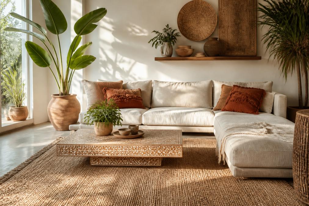 A bright modern living room featuring a low-profile neutral linen sofa, a large jute area rug, and a wooden coffee table with intricate bone inlay details, styled with green plants and textured terracotta throw pillows in natural sunlight