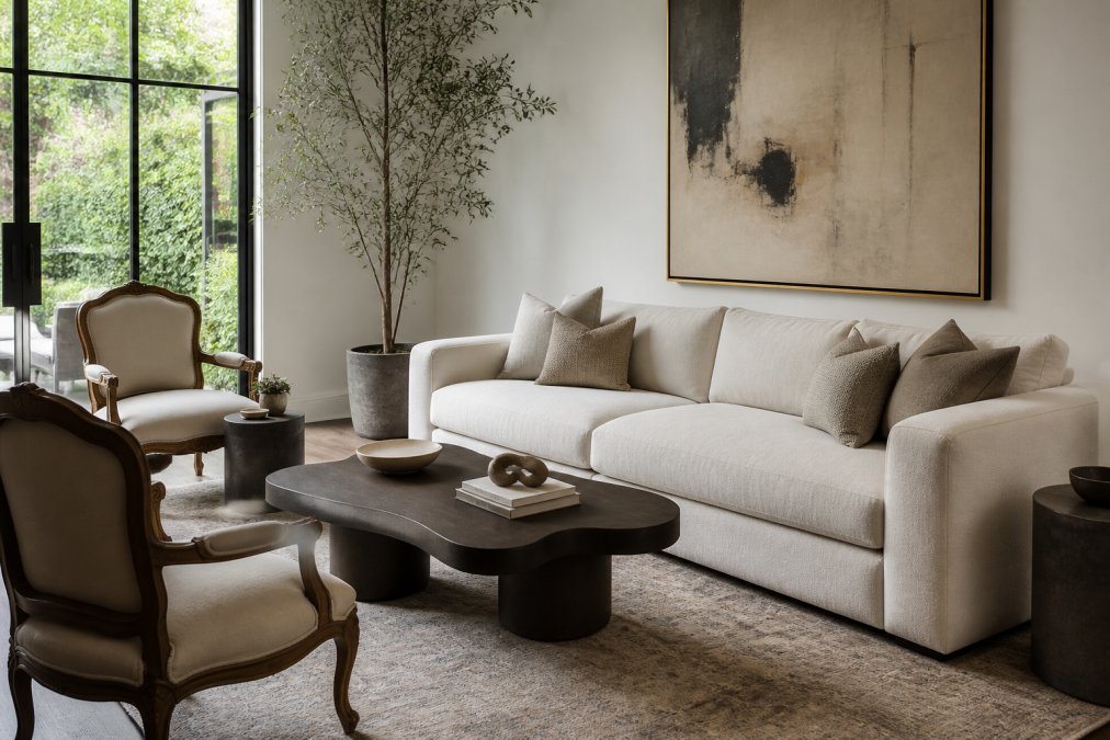 A bright, sophisticated living room where a large modern neutral sofa anchors the space, paired with two vintage carved wood accent chairs and a sculptural contemporary coffee table