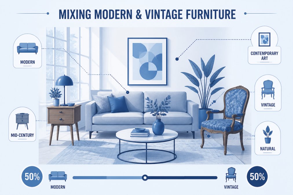 Bright living room with a sleek modern sofa in light gray paired with a wooden mid-century side table and vintage accent chair, natural light streaming through large windows, showing how different era pieces work together harmoniously in one cohesive space