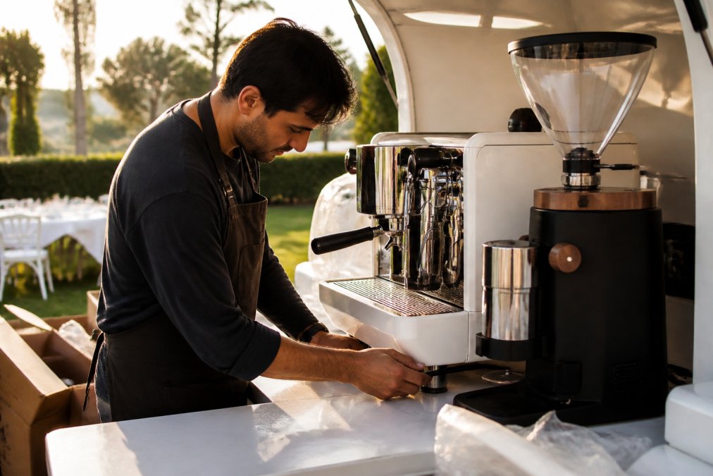 Professional barista setting up a mobile coffee cart at an outdoor event, arranging espresso machine and grinder on the counter while checking equipment connections, with morning sunlight illuminating the workspace