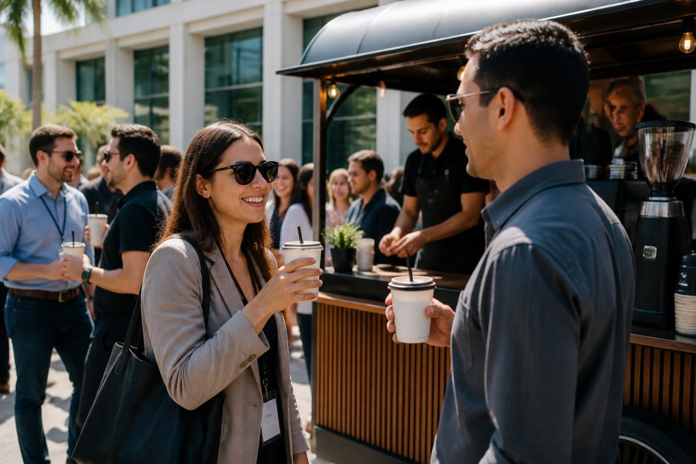 Event attendees enjoying specialty coffee drinks served from a branded mobile coffee cart at a corporate office gathering, with guests smiling and holding branded cups while networking
