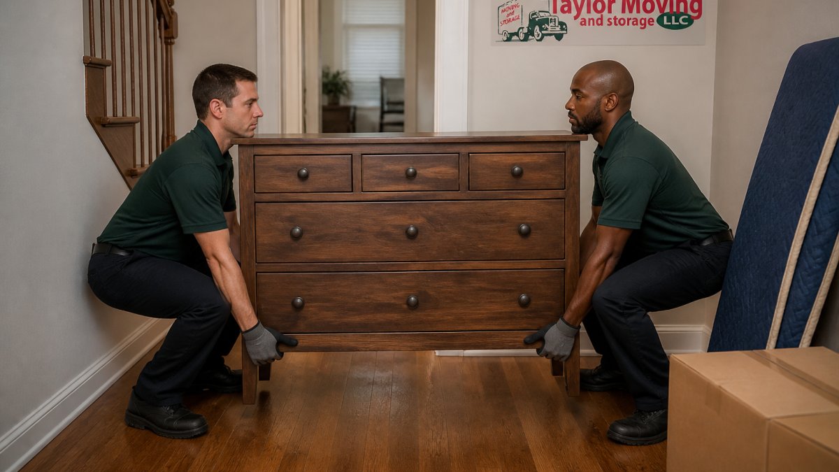Two movers in work gloves and closed-toe shoes lifting a heavy dresser together with bent knees and straight backs in a residential hallway