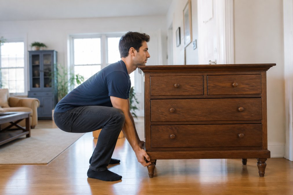 A person demonstrating proper lifting posture with bent knees and straight back while preparing to lift a heavy wooden dresser in a bright apartment living room