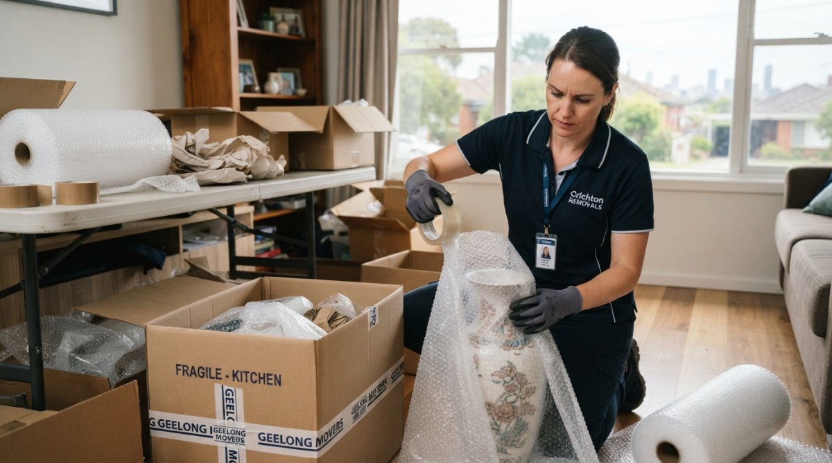 Close-up of moving boxes being carefully packed with bubble wrap, packing paper, and fragile item labels visible on a wooden floor
