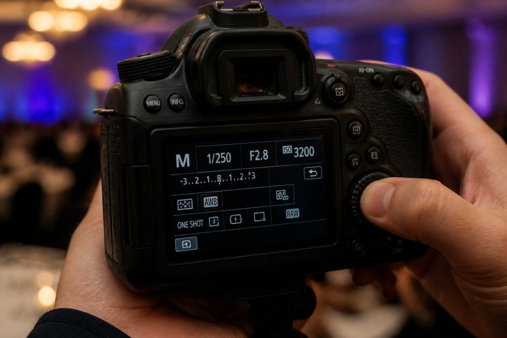 Close-up of camera settings displayed on a DSLR or mirrorless camera body, showing aperture, ISO, and shutter speed adjustments for low-light event photography