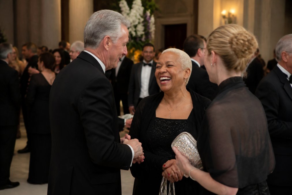 Professional photographer discreetly capturing genuine laughter and emotion between donors and nonprofit board members during a gala reception, showing natural interaction without posed stiffness
