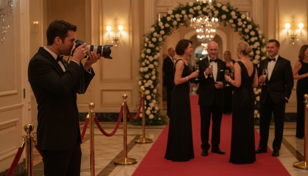 A photographer in formal attire discreetly shooting guests arriving on a red carpet at an elegant charity gala, with warm ambient lighting and well-dressed donors in the background