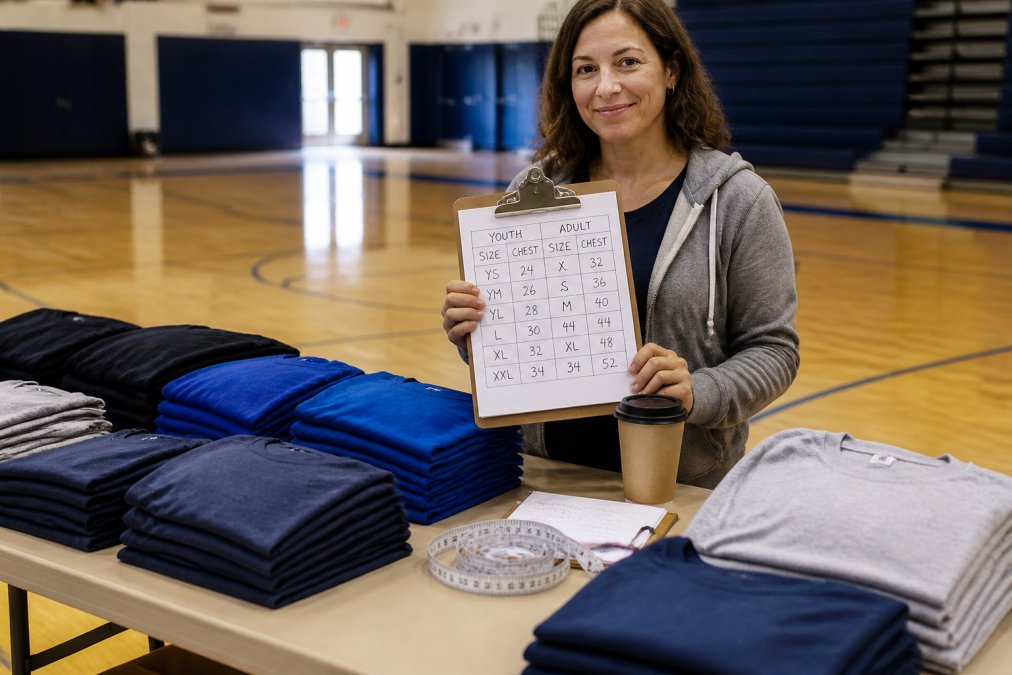 Process guide for organizing bulk team apparel sizes with a clipboard, measuring tape, and folded team jerseys.