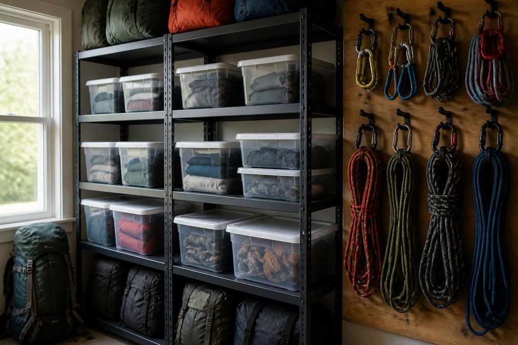 Neatly organized storage area with clear plastic bins of varying sizes stacked on metal shelving units, labeled containers holding folded camping gear, coiled ropes and carabiners hanging from wall hooks, natural lighting from nearby window
